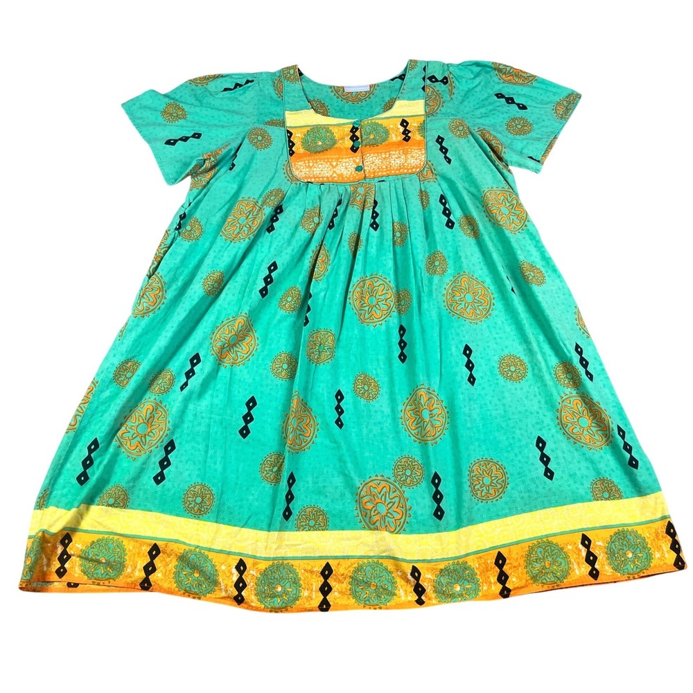 Only Necessities Teal Cotton Medallion Print Muu Muu Lounge House Dress 3X 30/32